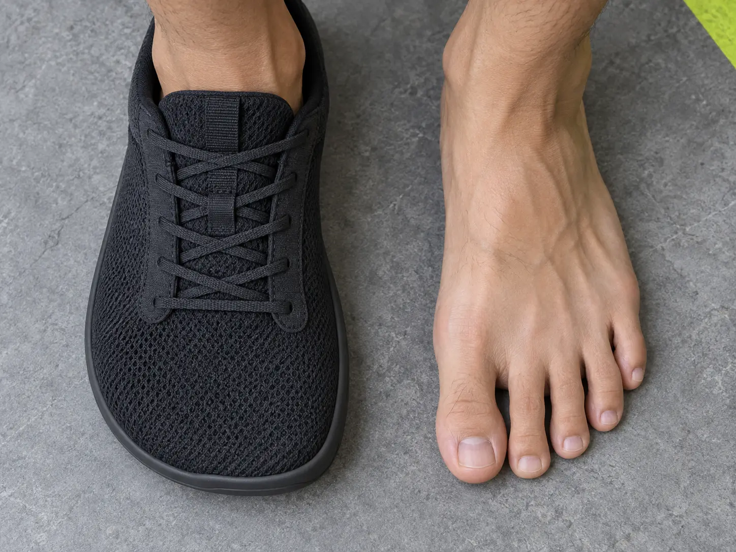 Foot-shaped wide toe box shoe next to a relaxed bare foot showing spread toes